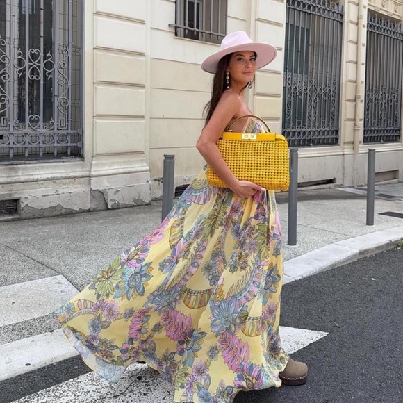 Zara Strapless Yellow Floral Dress - Picture 1 of 6